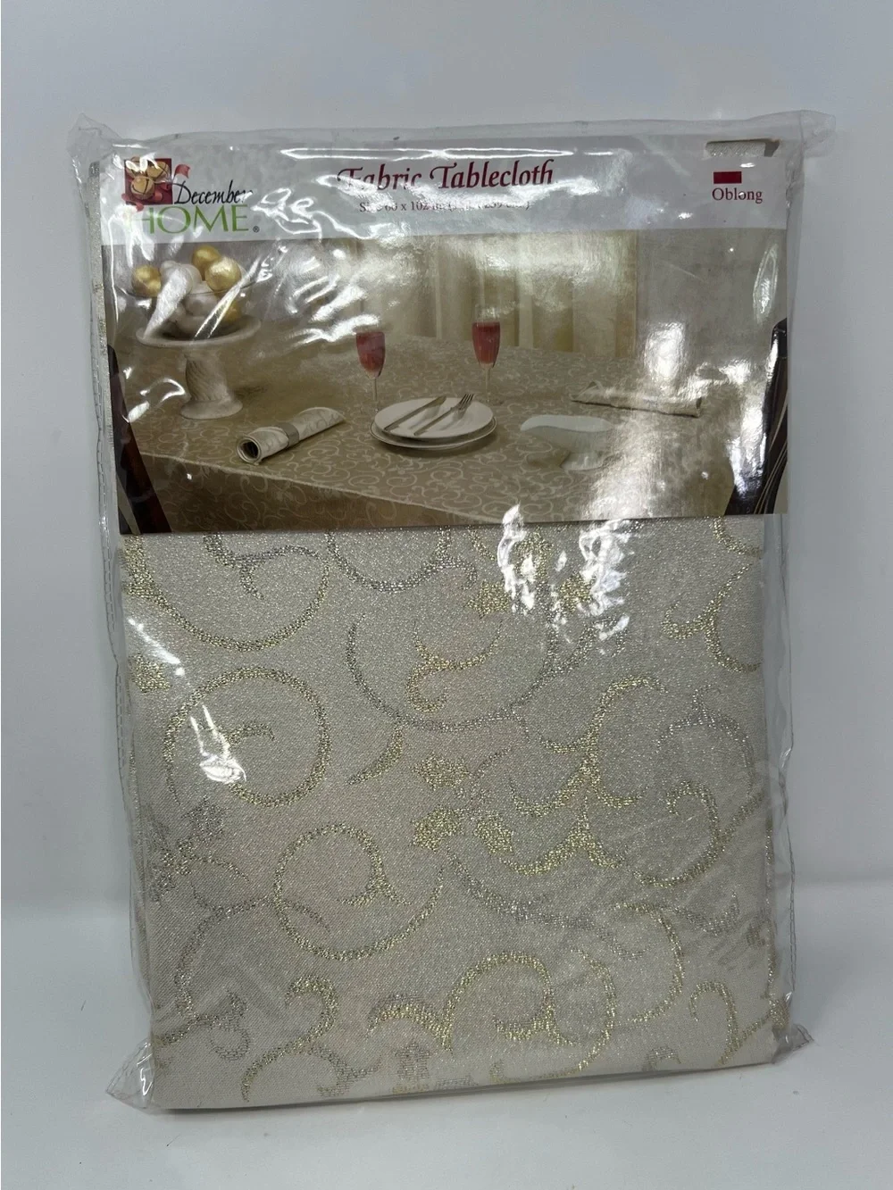 December Home Fabric Tablecloth Oblong 60x102 NOS Ivory Gold Silver Scroll
